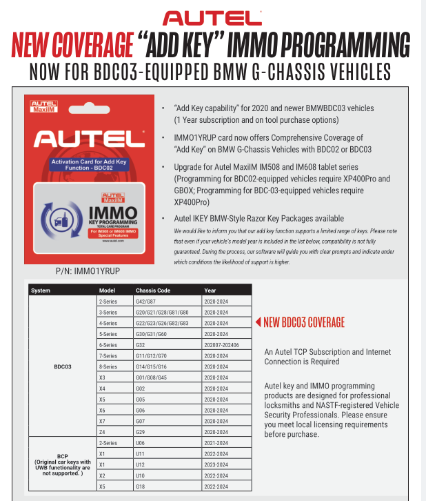 2025 Newest Autel ADD Key IMMO Programming Functionality for BMW G-Chassis Vehicles License Compatible with Autel IM508 and IM608 Line Tablets