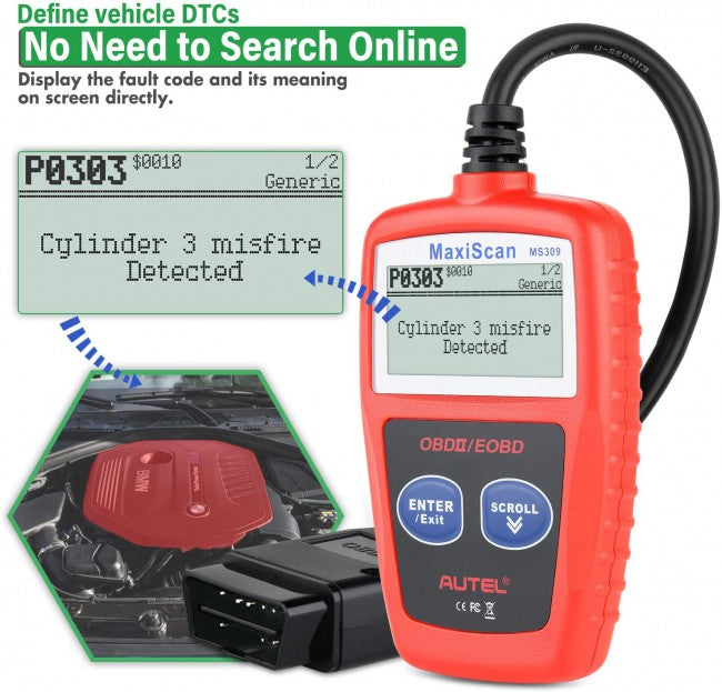 Autel MaxiScan MS309 Universal OBD2 Scanner Engine Light Fault Code Reader, Reading & Erasing Codes, Viewing Freeze Frame Data