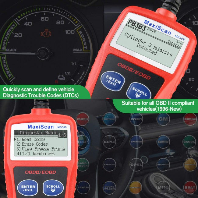 Autel MaxiScan MS309 Universal OBD2 Scanner Engine Light Fault Code Reader, Reading & Erasing Codes, Viewing Freeze Frame Data