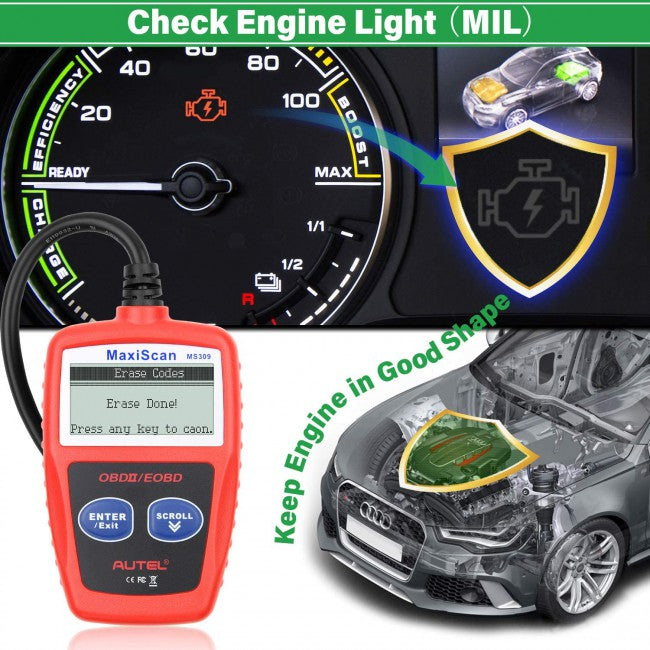 Autel MaxiScan MS309 Universal OBD2 Scanner Engine Light Fault Code Reader, Reading & Erasing Codes, Viewing Freeze Frame Data