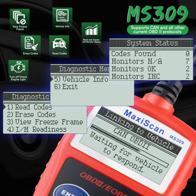 Autel MaxiScan MS309 Universal OBD2 Scanner Engine Light Fault Code Reader, Reading & Erasing Codes, Viewing Freeze Frame Data